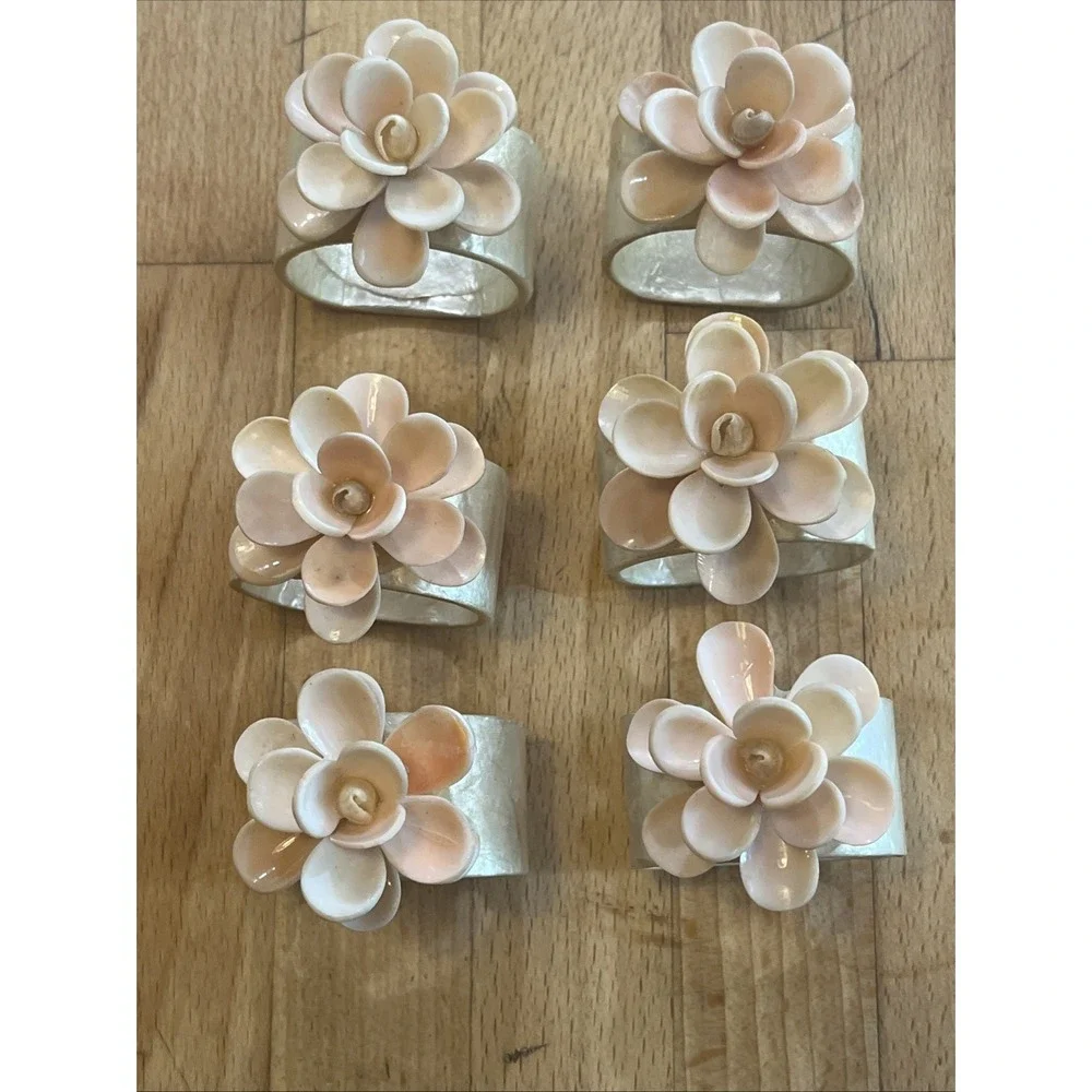 Vintage Capiz Shell Napkin Rings Pink/ Pearl Floral Design Set Of 6 Elegant